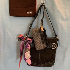 CoachSoho Duffle Bag, Black, With Dbl  Zip Wristlet and Small Coach Scarf Tie.